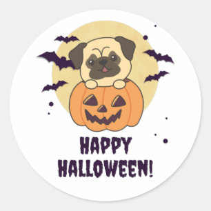 Adesivo Redondo Pug In Pumpkin Sweet Dogs Happy Halloween