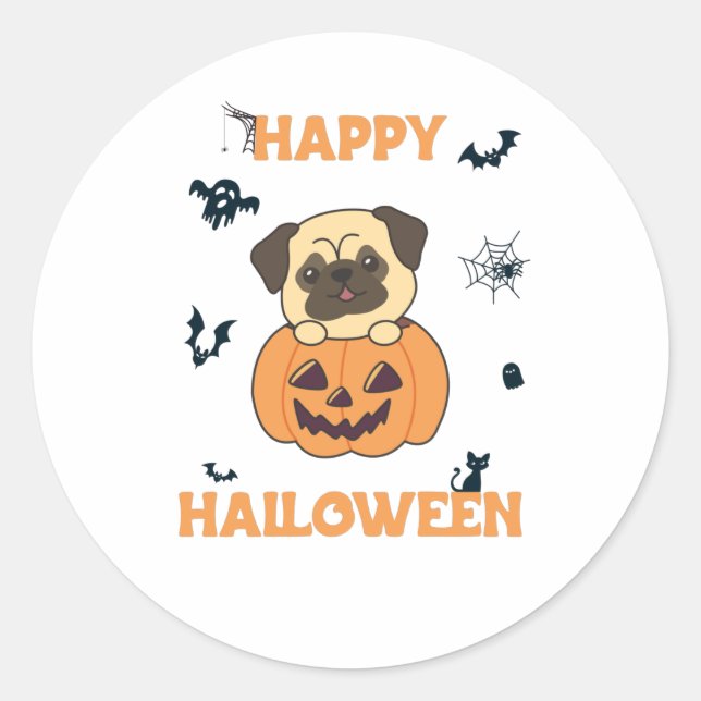 Adesivo Redondo Pug In Pumpkin Sweet Dogs Happy Halloween (Frente)