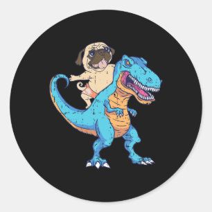 Adesivo Redondo Pug Montando T-rex Surfando Dinossauro Amante de C