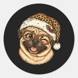 Adesivo Redondo Pug Natal Divertido Com Chapéu de Papai Noel Leopa