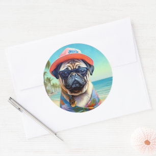 Adesivo Redondo Pug on Beach, presente de verão para o amante do c