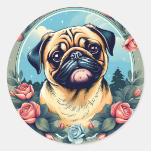 Adesivo Redondo Pug Playful Dog Retrato Com Flores