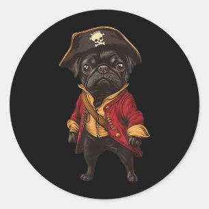 Adesivo Redondo Pug Preto Disfarçado de Pirata Cachorro Pug Engraç