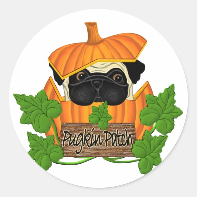 Adesivo Redondo Pug Pumpkin Patch (Frente)