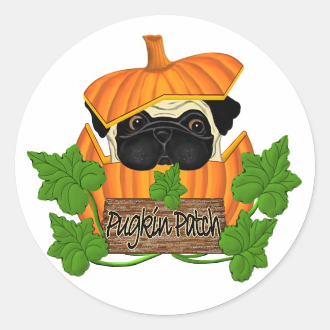 Adesivo Redondo Pug Pumpkin Patch (Frente)