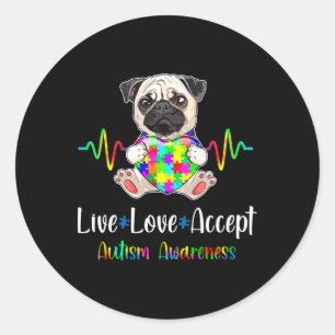 Adesivo Redondo Pug Quebra-cabeça Piece Live Love Aceitar Consciên