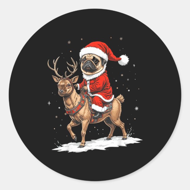 Adesivo Redondo Pug Santa Riding Reindeer Christmas Holiday Puppy  (Frente)