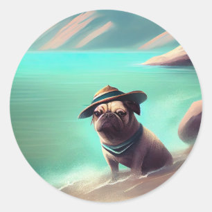 Adesivo Redondo Pug se divertindo na pintura artística da praia