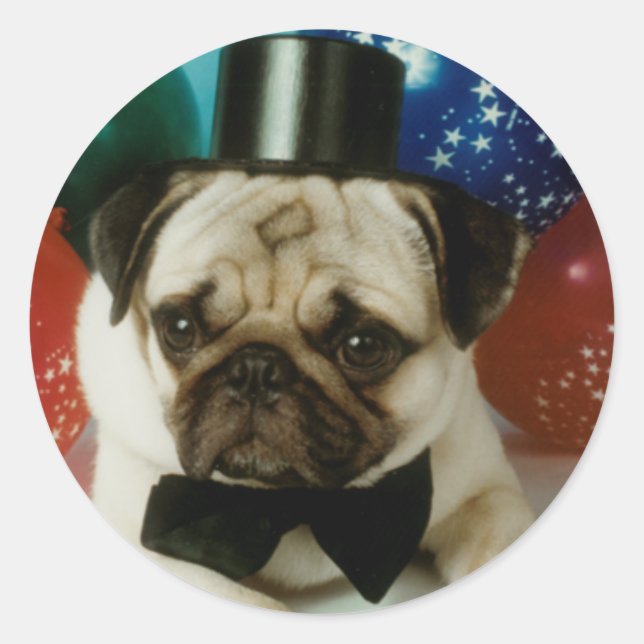 Adesivo Redondo Pug Tophat Birthday Stickers (Frente)