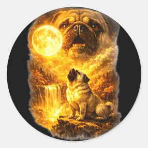 Adesivo Redondo Pug uivando para a lua floresta épica fantasia