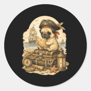 Adesivo Redondo Pug vestido como um pirata cachorro engraçado pug