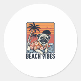 Adesivo Redondo Pug Vibrações de Praia Design de Gravura Vintage_1
