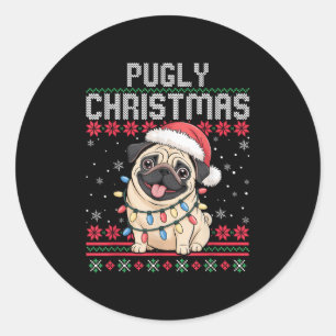 Adesivo Redondo Pugly Ba Ham Pug Suéter de Natal Feio Cachorro Pug