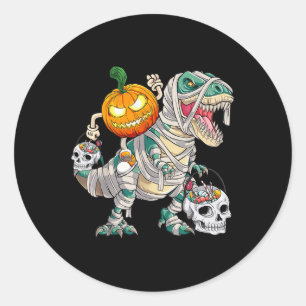 Adesivo Redondo Pumpkin Andando Mummy Dinossaur T Rex Halloween Di