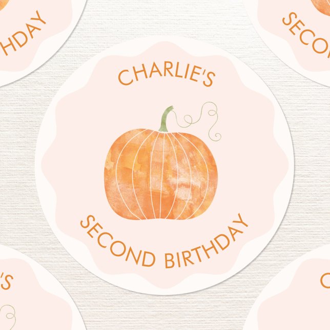 Adesivo Redondo Pumpkin Autumn Personalizado Segundo segundo anive (Second 2nd birthday pumpkin personalized sticker with custom text)