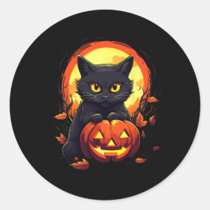 Adesivo Redondo Pumpkin Black Cat Halloween Vintage Costume para a