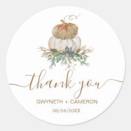 Adesivo Redondo Pumpkin branco e Dourado Obrigado