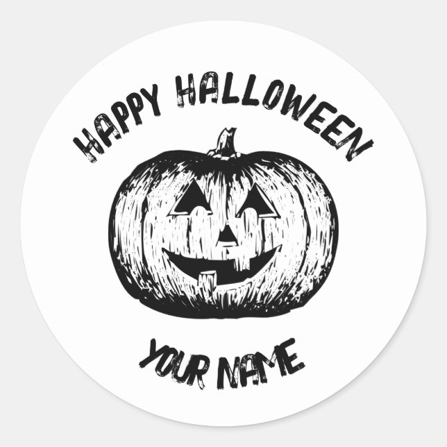 Adesivo Redondo Pumpkin branco preto clássico sorridente (Frente)