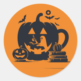 Adesivo Redondo Pumpkin Coffee Halloween Book