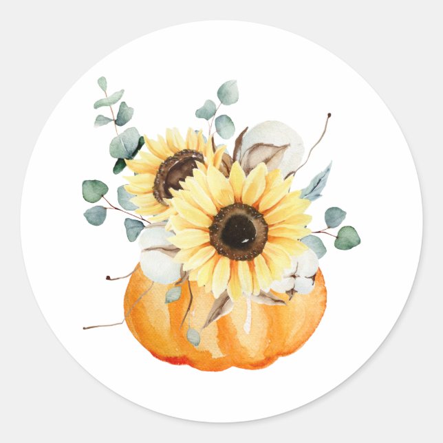 Adesivo Redondo Pumpkin de Aquarela e Sunflower Fall Arrangements (Frente)