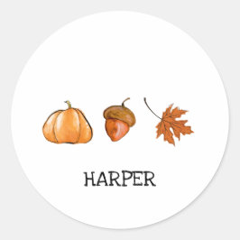Adesivo Redondo Pumpkin de Aquarelas, Folhas de Folhas e Bolotas