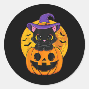Adesivo Redondo Pumpkin de Chapéu de Bruxa Negra do Halloween