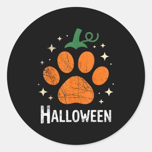 Adesivo Redondo Pumpkin Dog Cat Paw Print Halloween Pet Lover  (Frente)