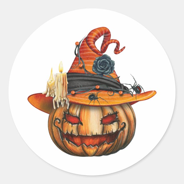 Adesivo Redondo Pumpkin e aranhas do Halloween muito assustados (Frente)