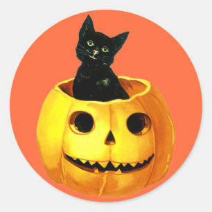 Adesivo Redondo Pumpkin e Gato Preto de Vintage Bonito para Divers