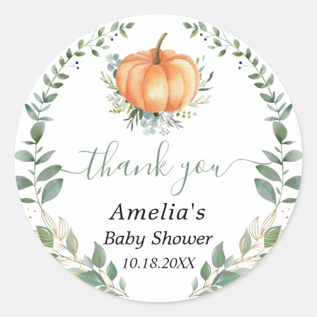 Adesivo Redondo Pumpkin Fall Greenery Dourado Foliage Favor Obriga (Frente)