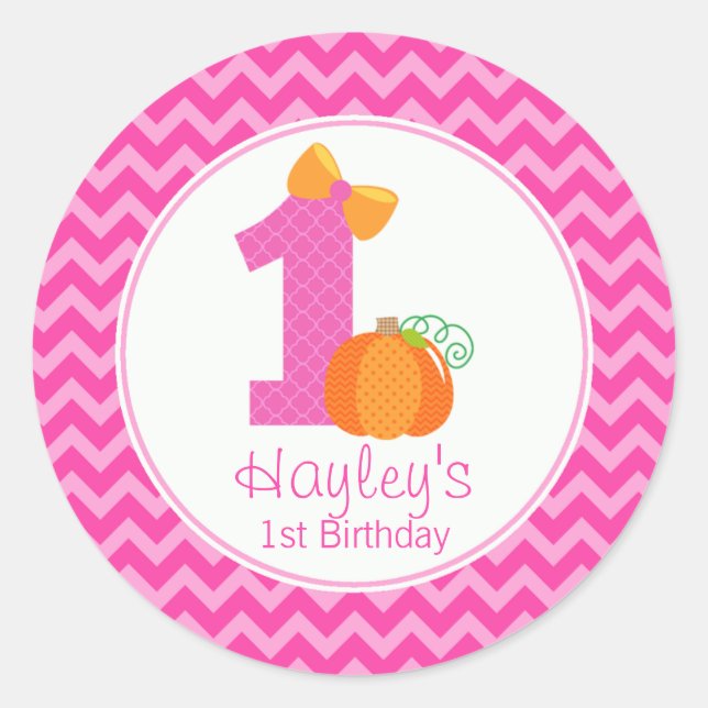 Adesivo Redondo Pumpkin Fall Pumpkin Birthday Sticker, Rapariga Pu (Frente)