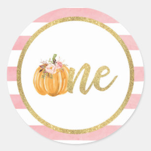 Adesivo Redondo Pumpkin First Birthday Sticker - Fitas Rosa