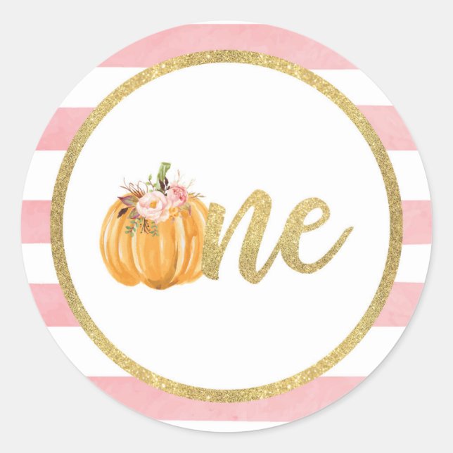 Adesivo Redondo Pumpkin First Birthday Sticker - Fitas Rosa (Frente)