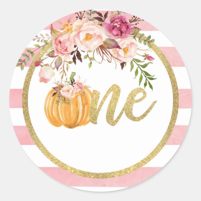 Adesivo Redondo Pumpkin First Birthday Sticker - Floral Stripe (Frente)