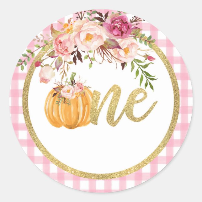 Adesivo Redondo Pumpkin First Birthday Sticker - Xadrez Floral (Frente)