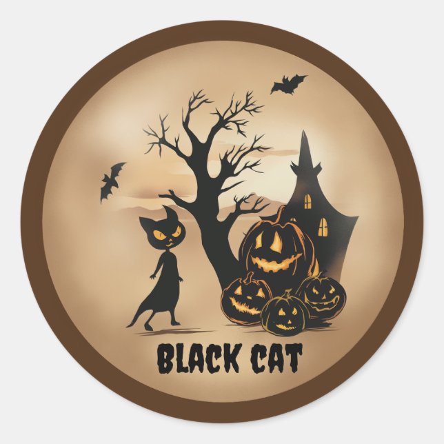 Adesivo Redondo "Pumpkin Patch com um Gato Negro" (Frente)