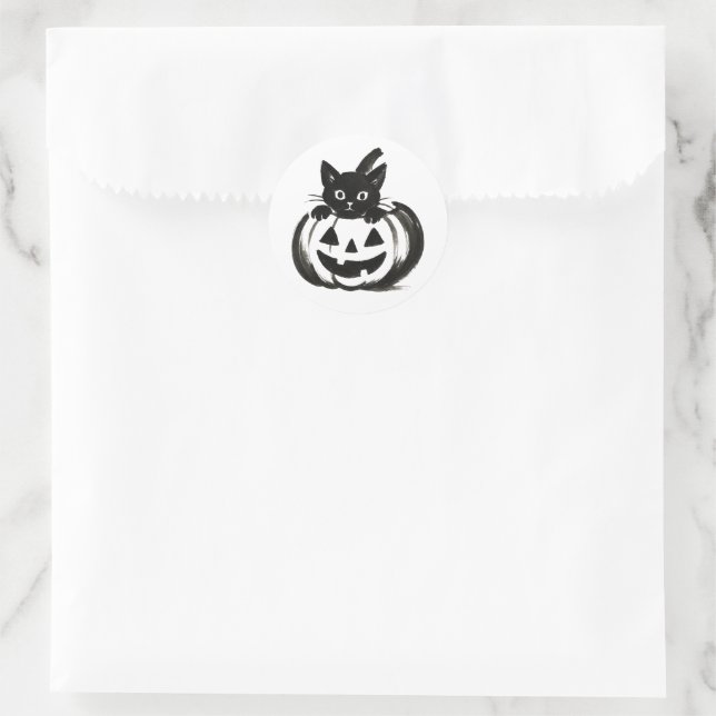 Adesivo Redondo Pumpkin Peek – Black Cat Halloween Design on  (Bolsa)
