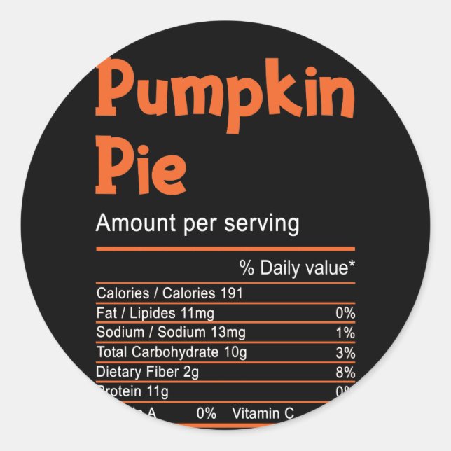 Adesivo Redondo Pumpkin Pie Nutrition Thanksgiving Christmas (Frente)
