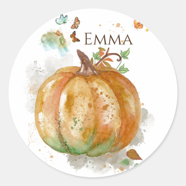 Adesivo Redondo Pumpkin pintado à mão com aquarelas personalizadas (Frente)
