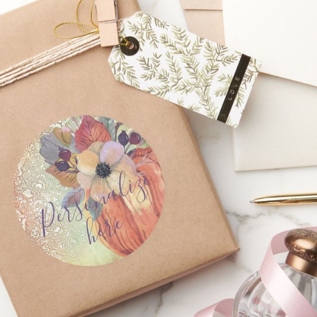 Adesivo Redondo Pumpkin rendas florais caem ouro roxo laranja (Criador carregado)