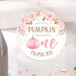 Adesivo Redondo Pumpkin rosa e Dourada garota primeiro aniversario