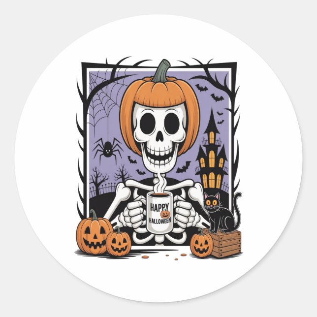 Adesivo Redondo Pumpkin Skeleton Bebendo Café (Frente)