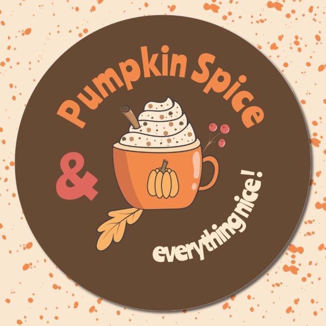 Adesivo Redondo Pumpkin Spice Doodle Orange Mug Brown Stickers (Pumpkin spice & everything nice cute brown doodle stickers .)