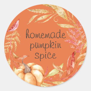 Adesivo Redondo Pumpkin Spice Watercolor Foliage Laranja Homemade