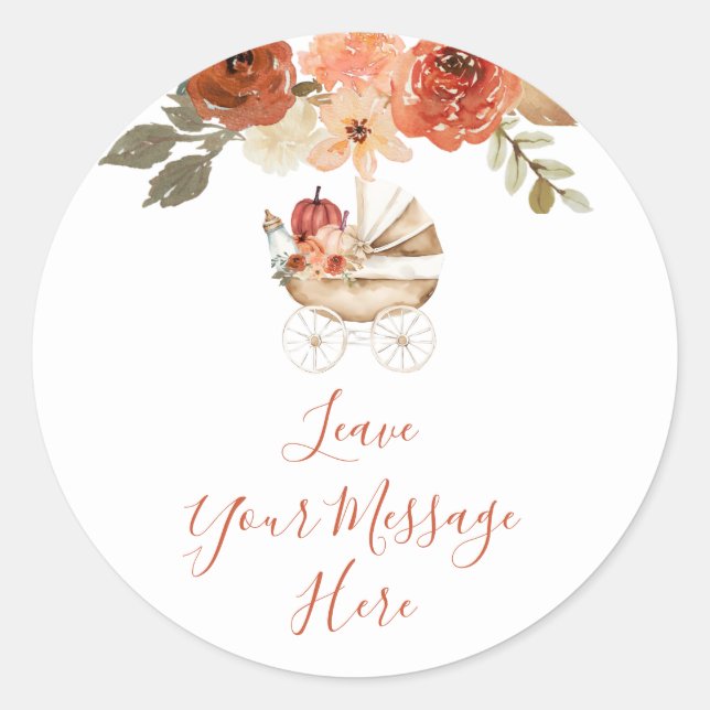 Adesivo Redondo Pumpkin Stroller Baby Shower Leave Your Message (Frente)