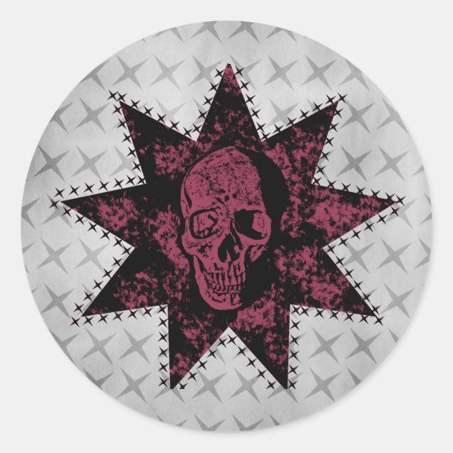 Adesivo Redondo Punk Skull Stickers, preto e rosa escuro (Frente)
