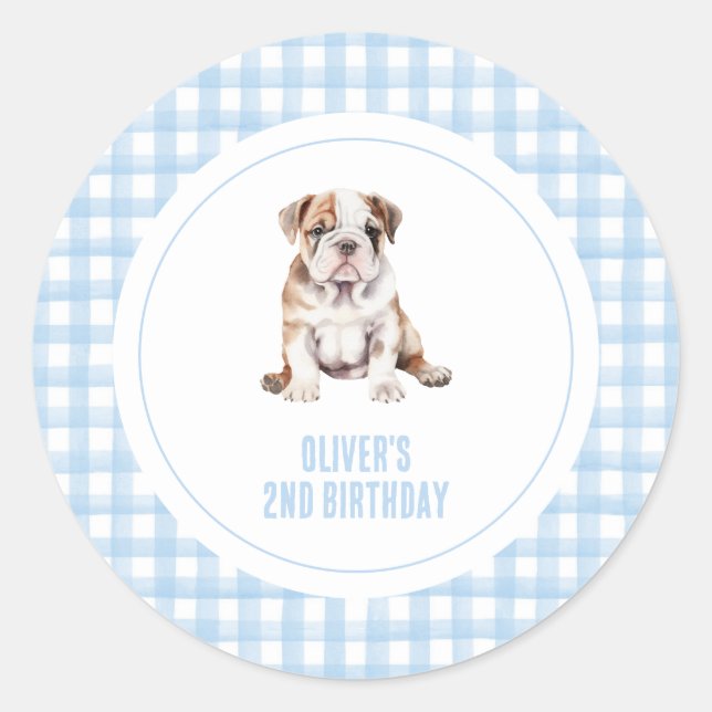 Adesivo Redondo Puppy bulldog preppy plaid birthday (Frente)