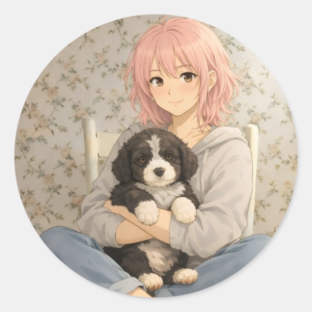 Adesivo Redondo Puppy Love Round Sticker Cute Dog Vibes (Frente)