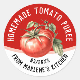 Adesivo Redondo Purê de tomate caseiro editável com tomate vermelh