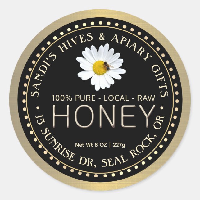 Adesivo Redondo PURE LOCAL RAW HONEY - ouro negro com margarida e  (Frente)